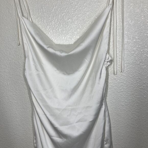 LEAU Dress Womens Small White Satin Cowl Neck Ruched Drawstring Slip Tie Straps - Picture 4 of 16
